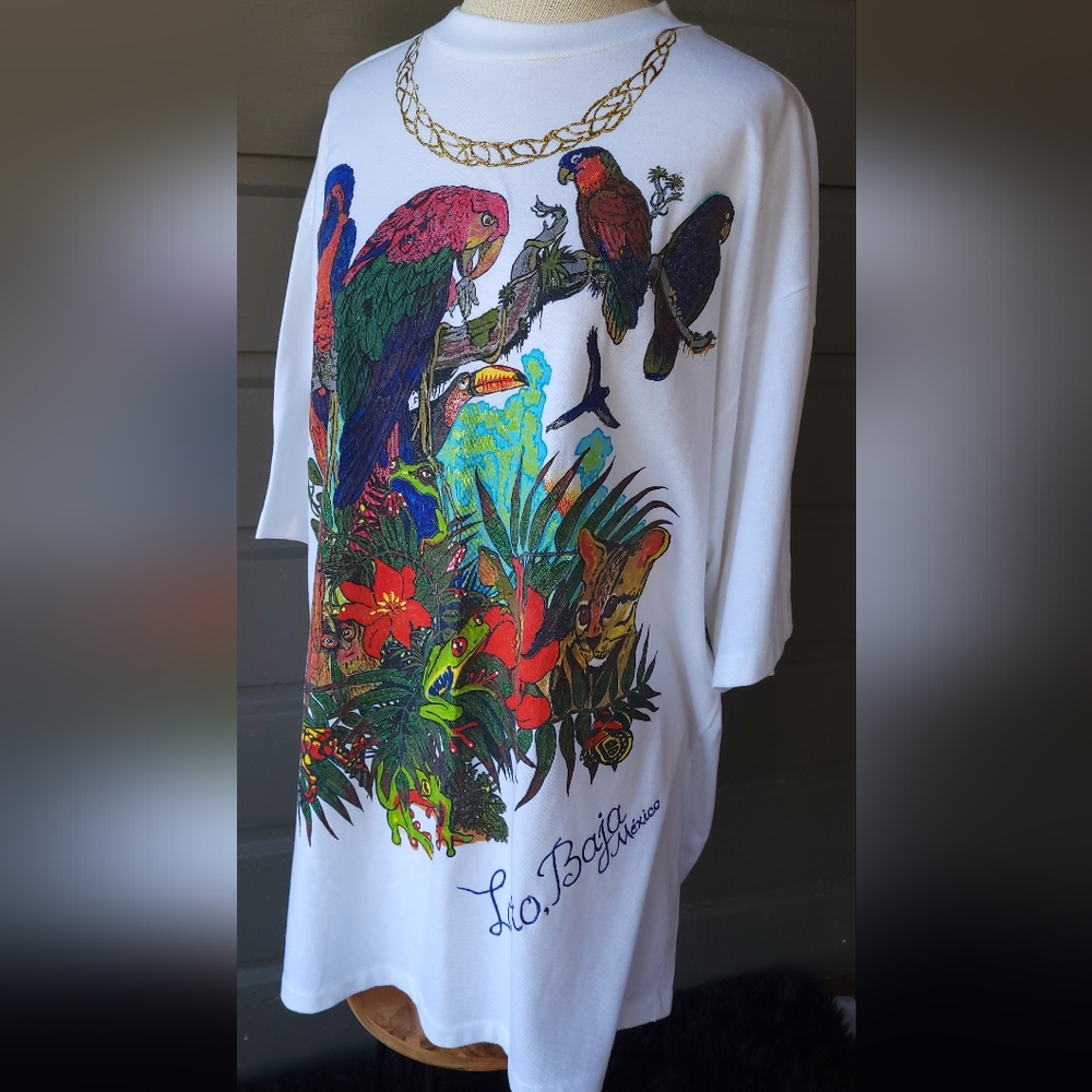 Vintage Hand Decorated Printed Parrot Graphic T-Shirt Loreto Baja Mx Size XL/XXL